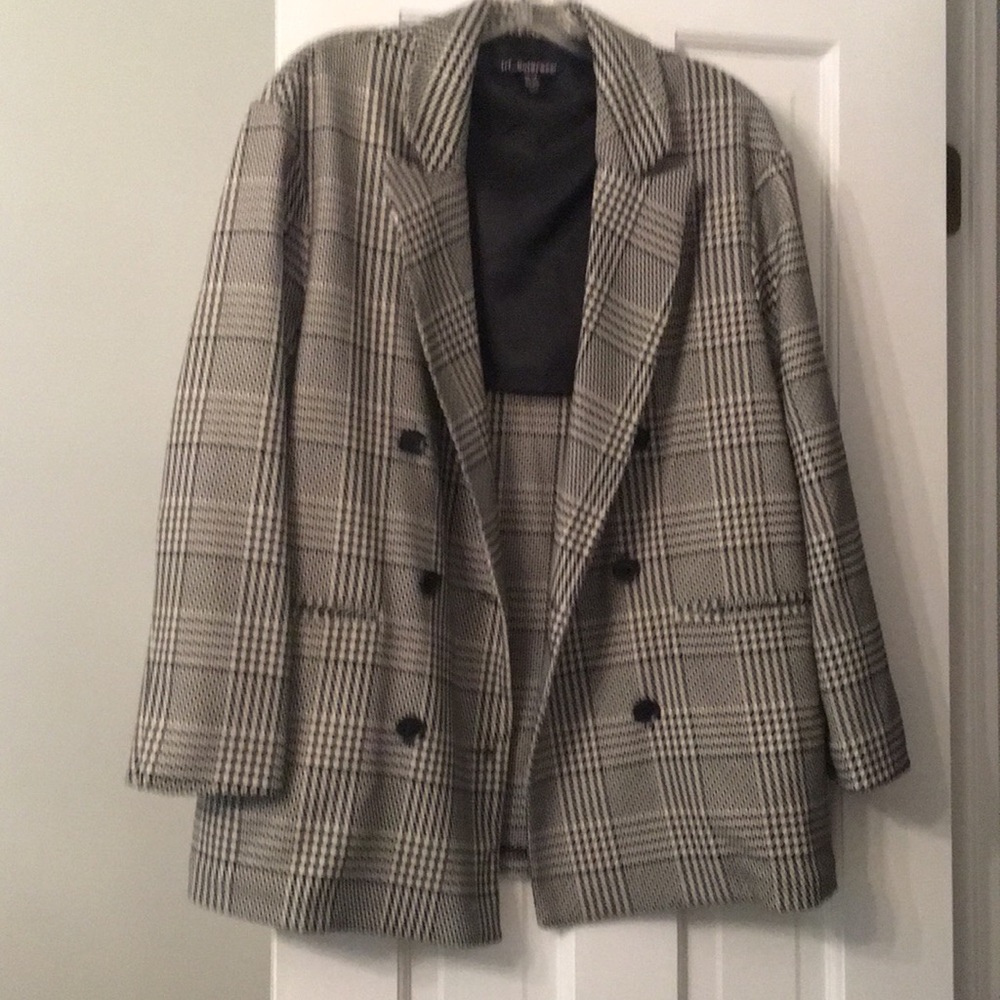 trf _outerwear black and white glen plaid double breasted blazer